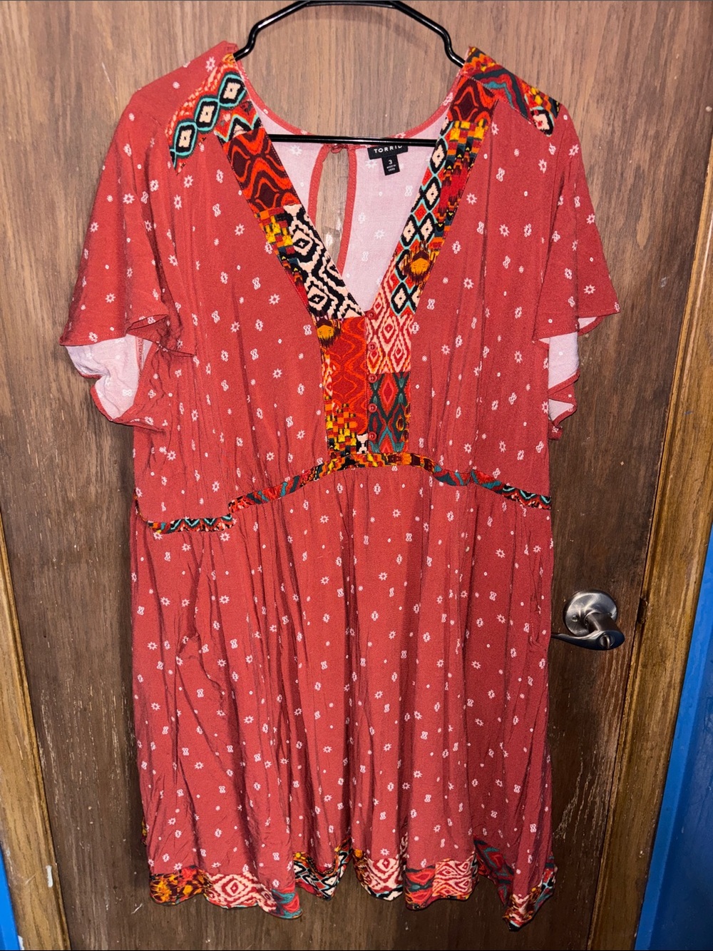 torrid rust-orange midi dress with multicolor embroidered trim